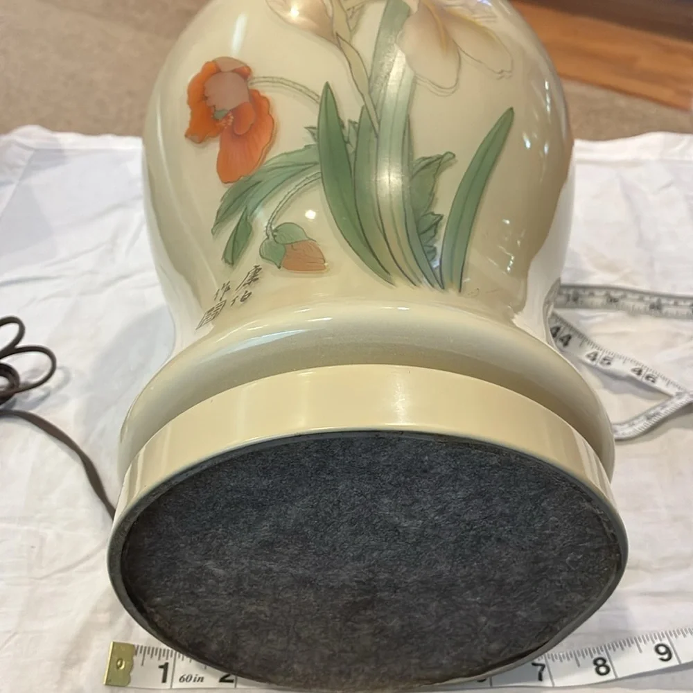 Porcelain & glass Iris and Butterfly Hand Painted Signed Asian Lamp Circa 1980s